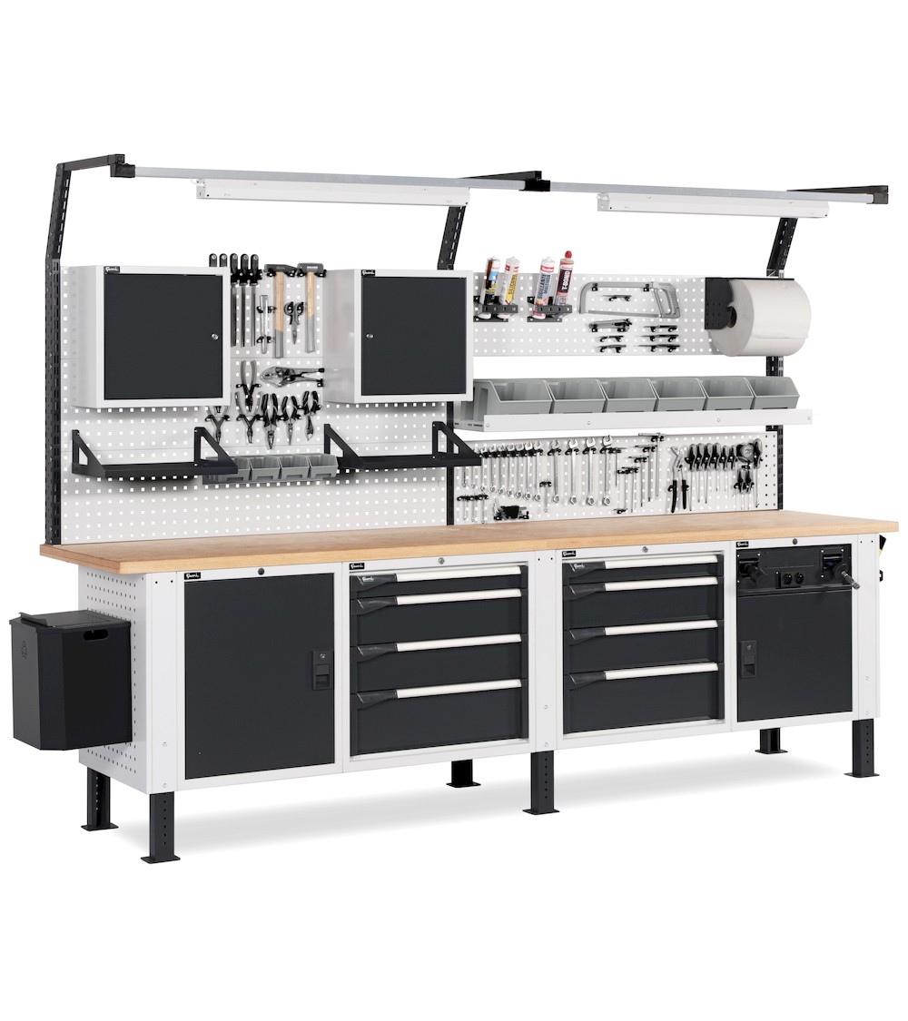 Professionelle Werkbank mit Schränken MASTERBR3001, Werkzeugwand und Zubehör, L 300 cm