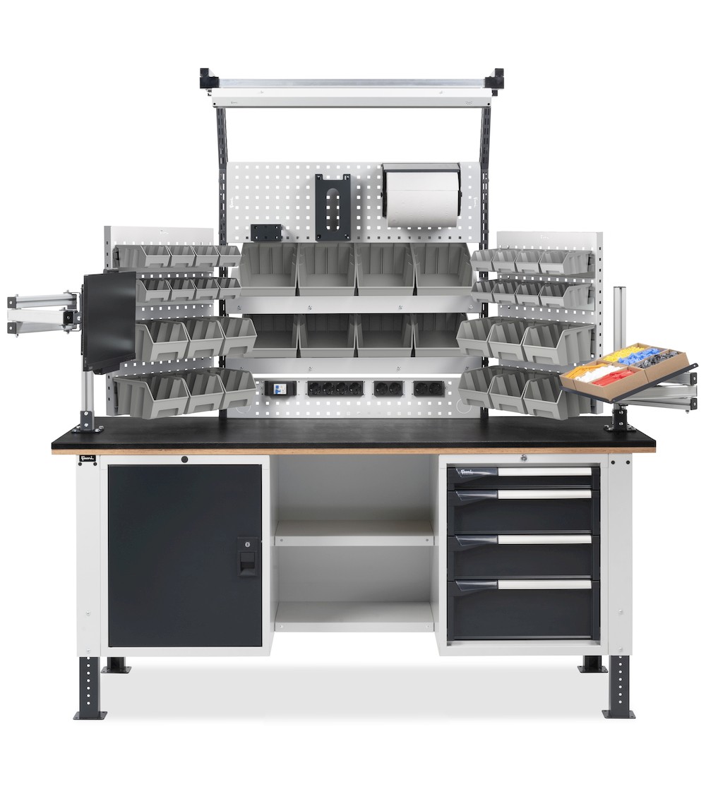 Werkzeugbank mit Schubladen, Wandsystem, Schwenkarmen, hellgrau + anthrazitgrau MASTERBR2008