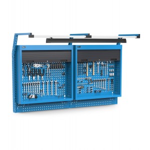 Werkzeugträgerplatte mit 2 Rollladenschränken, Led und Haken Unipok, B2000 x T710 x H1243, blau