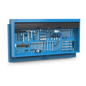 Lochplatte mit Rollladenschrank und Haken Unipok, B2000 x T300 x H1064, blau