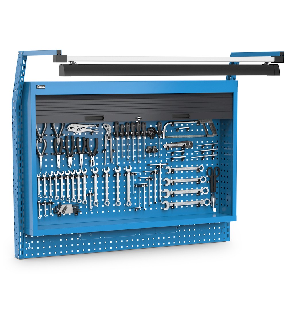 Werkzeugträgerplatte mit Rollladenschrank, Led und Haken Unipok, B1500 x T710 x H1243, blau