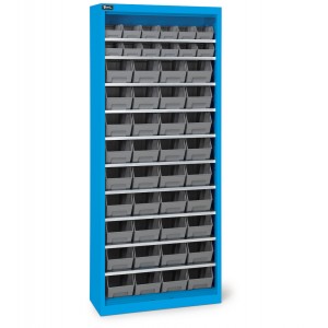 Behälterschrank ohne Flügeltüren, 10 Böden und 48 Sichtlagerkästen Picking Box Air Größe 1/2, B700 x P267 x H1651, Blau