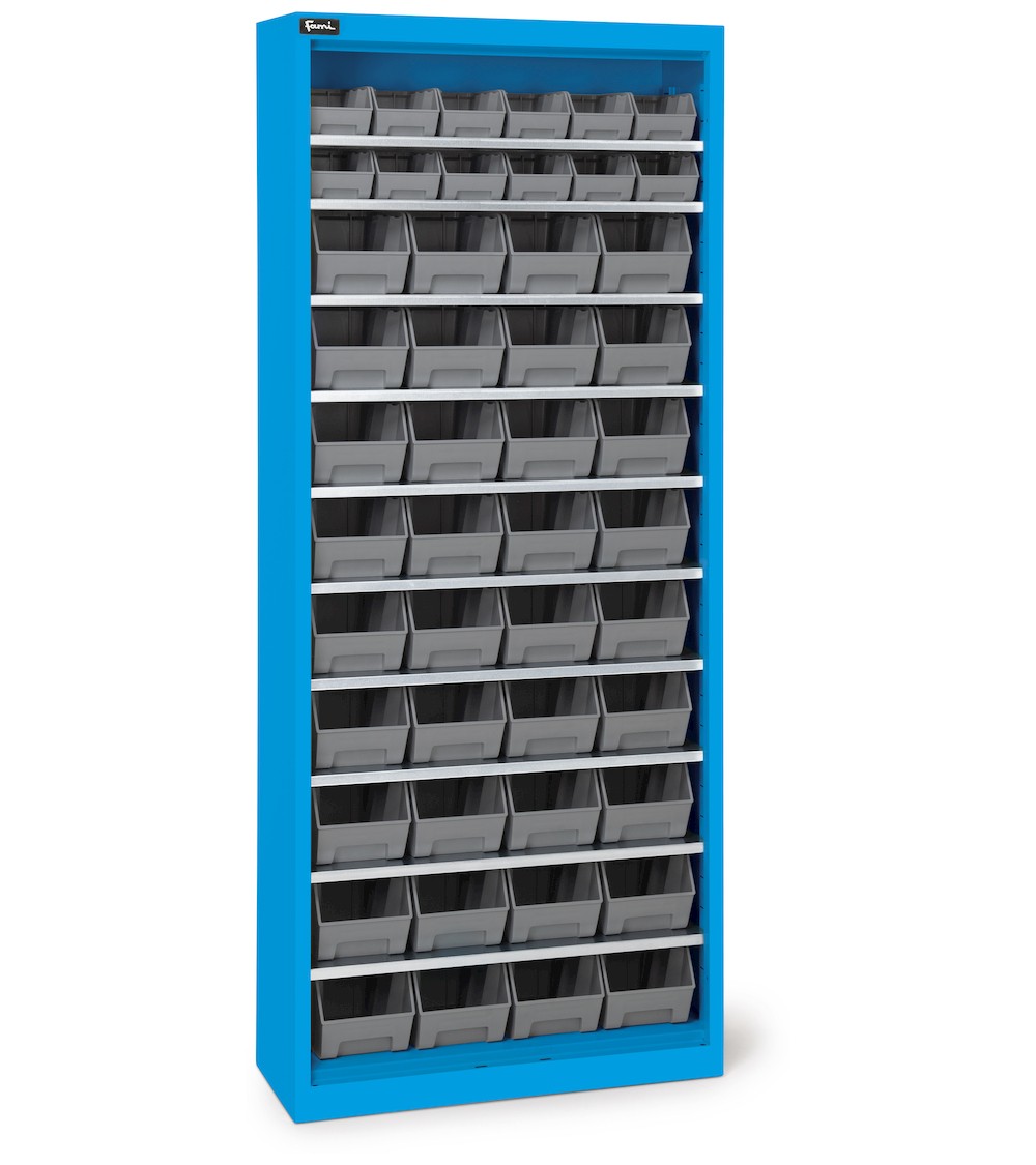 Behälterschrank ohne Flügeltüren, 10 Böden und 48 Sichtlagerkästen Picking Box Air Größe 1/2, B700 x P267 x H1651, Blau