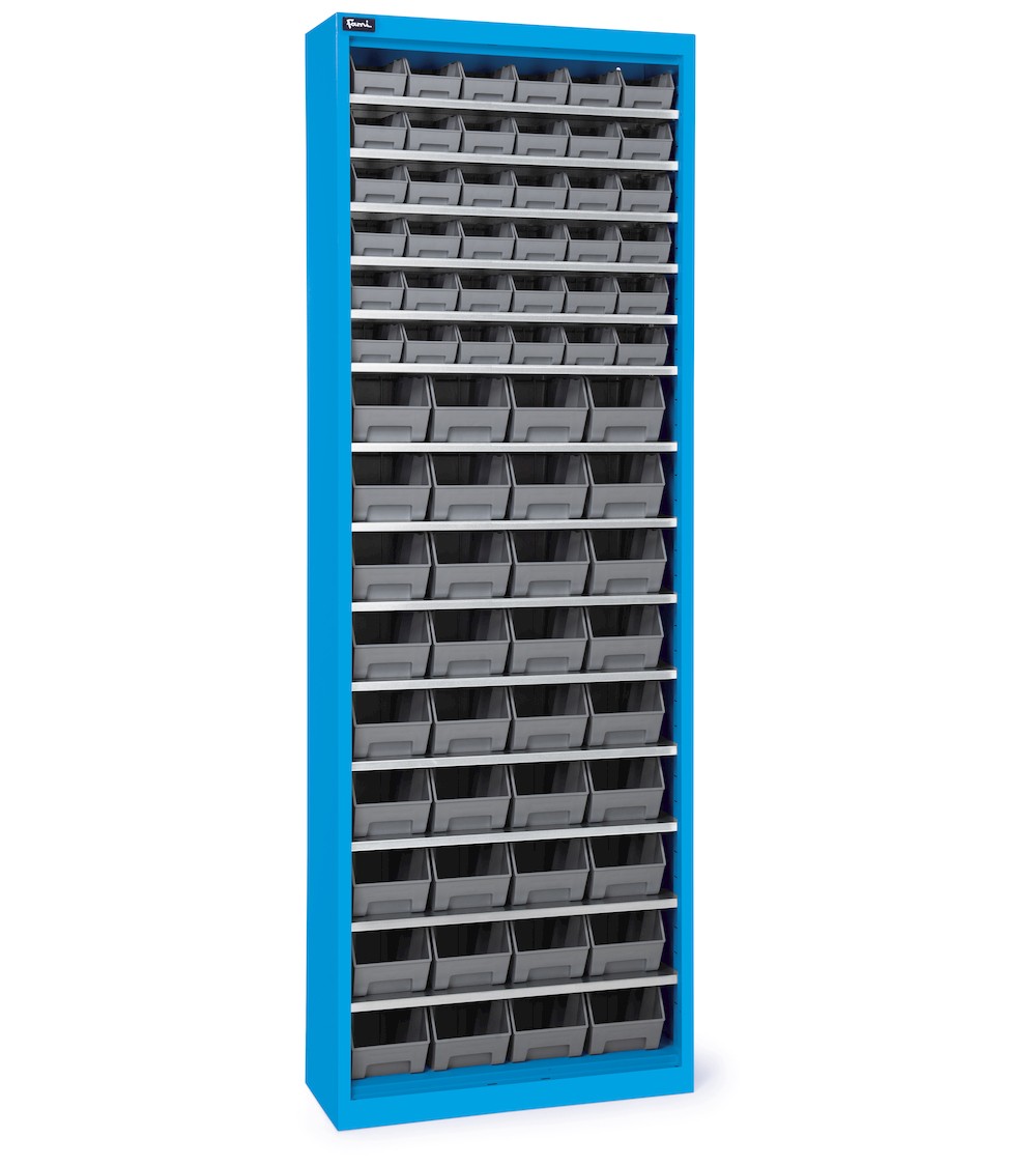 Behälterschrank ohne Flügeltüren, 14 Böden und 72 Sichtlagerkästen Picking Box Air Größe 1/2, B700 x P267 x H1651, Blau
