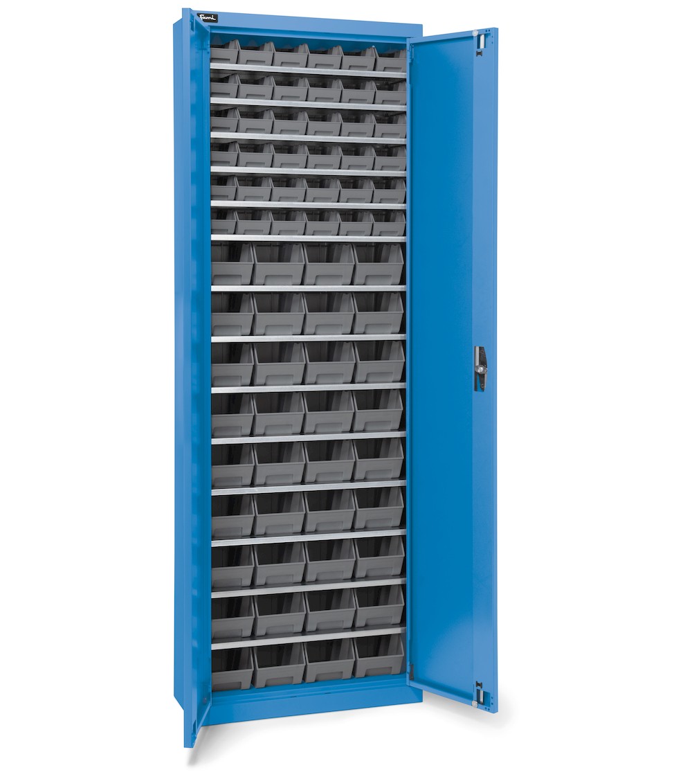 Behälterschrank mit Flügeltüren, 14 Böden und 72 Sichtlagerkästen Picking Box Air Größe 1/2,  H 1651 mm, Blau