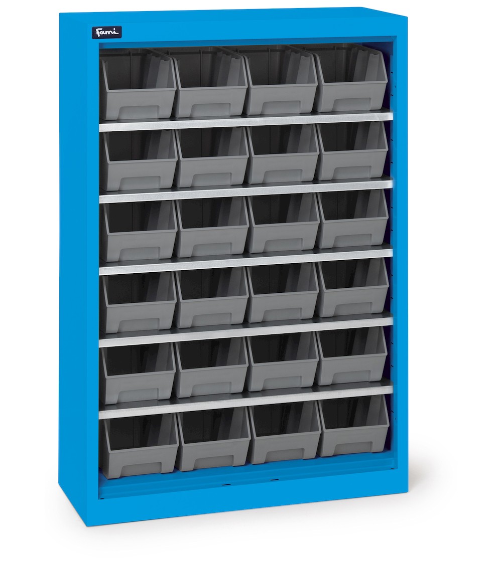 Behälterschrank ohne Flügeltüren, 5 Böden und 24 Sichtlagerkästen Picking Box Air Größe 2, B700 x P267 x H1001, Blau