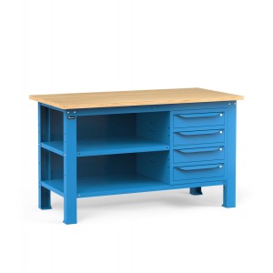 Werkbank mit 4 Schubladen, Rückwand und Arbeitsplatte, 150 cm, Blau