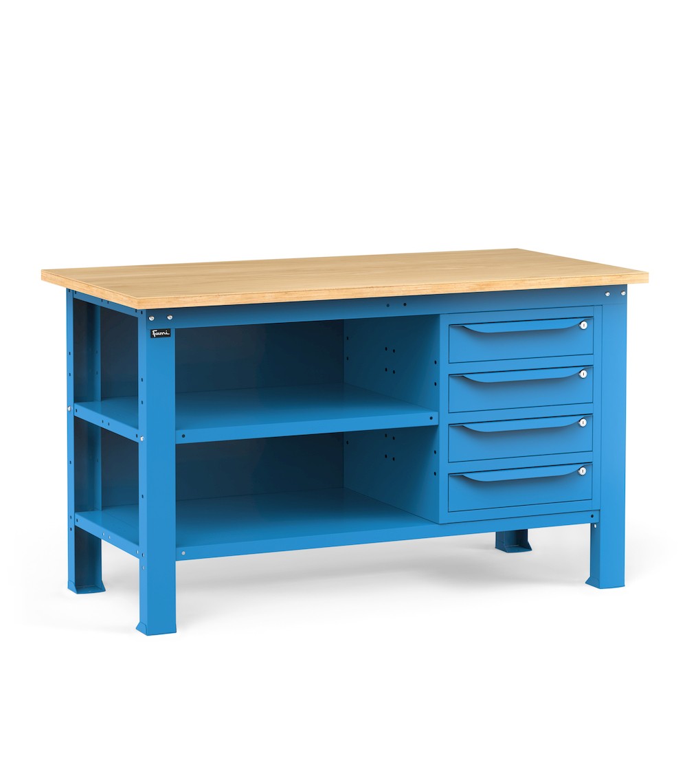 Werkbank mit 4 Schubladen, Rückwand und Arbeitsplatte, 150 cm, Blau