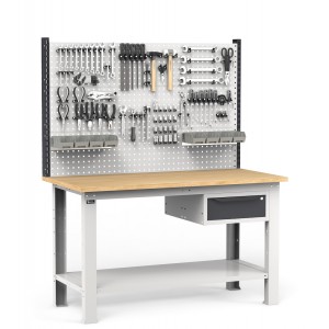 Werkbank mit Schublade, Werkzeugwand und Zubehören, 150 cm, Grau und Anthrazit