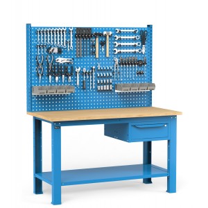 Werkbank mit Schublade, Werkzeugwand und Zubehören, 150 cm, Blau
