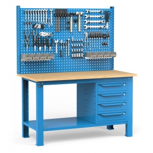 Werkbank mit 4 Schubladen, Werkzeugwand und Zubehören, 150 cm, Blau