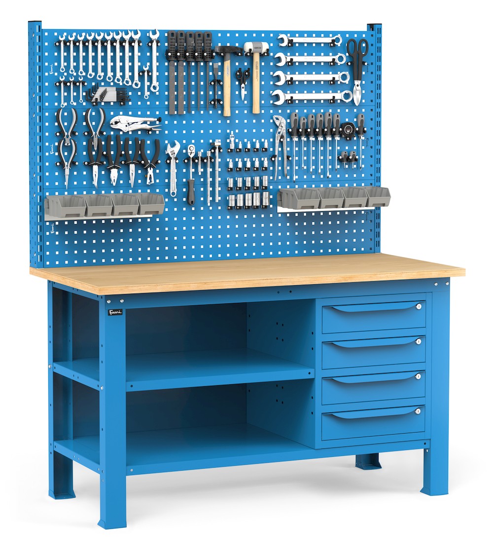 Werkbank mit 4 Schubladen, Rückwand, Werkzeugwand, Zubehören, 150 cm, Blau