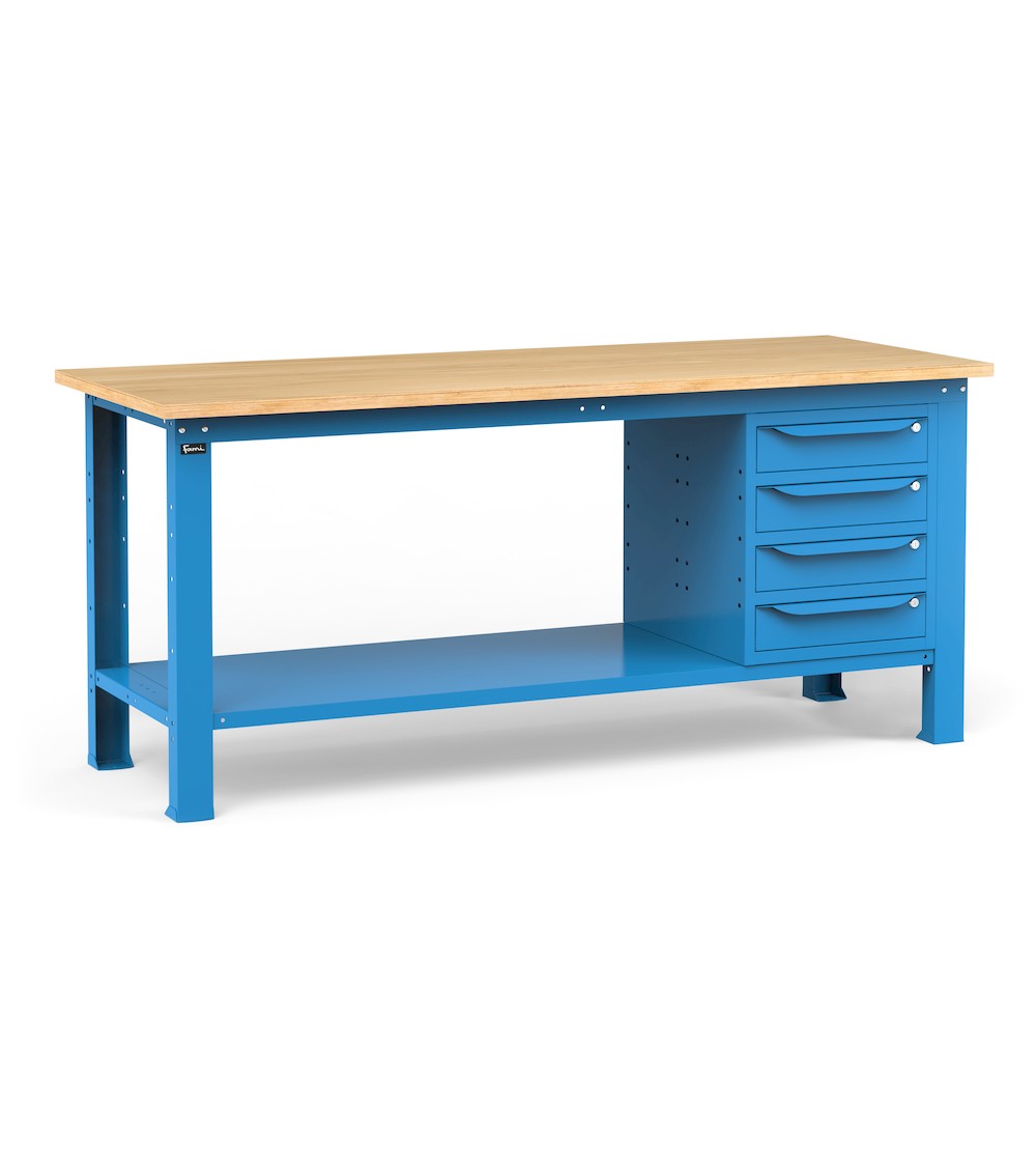 Werkbank für Werkstatt mit 4 Schubladen, 200 cm, Blau