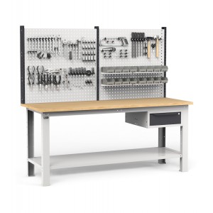 Werkbank für Werkstatt mit Schublade und Werkzeugwand, 200 cm, Grau und Anthrazit