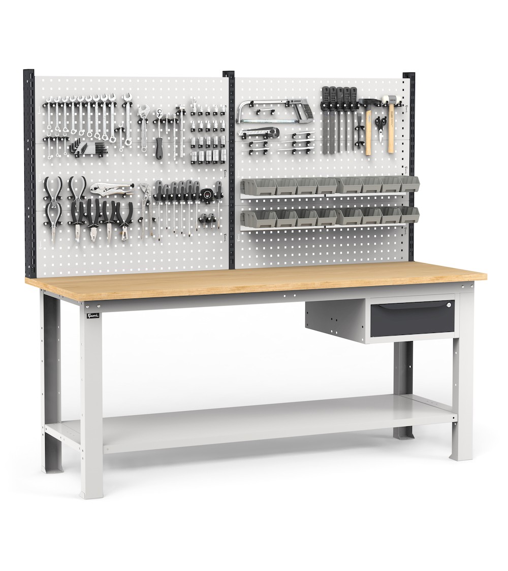 Werkbank für Werkstatt mit Schublade und Werkzeugwand, 200 cm, Grau und Anthrazit