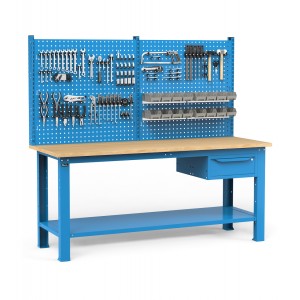 Werkbank für Werkstatt mit Schublade und Werkzeugwand, 200 cm, Blau