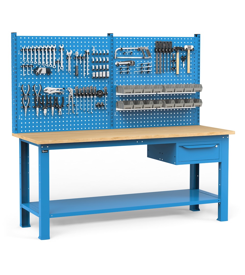 Werkbank für Werkstatt mit Schublade und Werkzeugwand, 200 cm, Blau