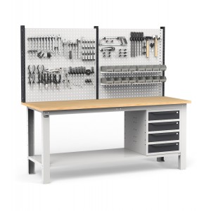 Werkbank für Werkstatt mit 4 Schubladen, Werkzeugwand und Zubehören, 200 cm, Grau und Anthrazit