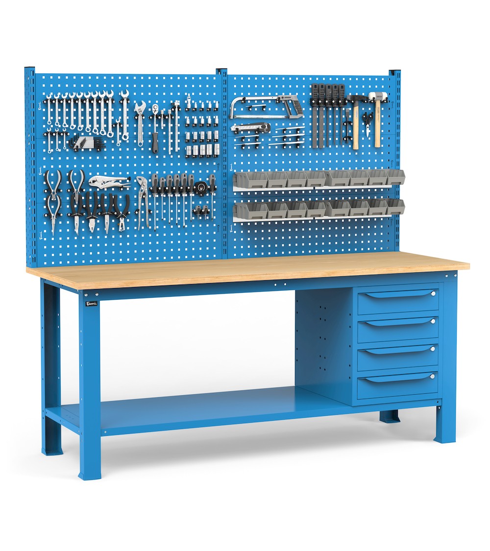 Werkbank für Werkstatt mit 4 Schubladen, Werkzeugwand und Zubehören, 200 cm, Blau