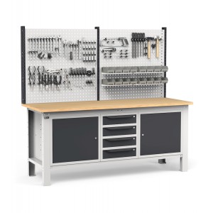 Werkbank mit 4 Schubladen, Schrank mit Tür und Fachboden, Werkzeugwand und Zubehören, 200 cm, Grau und Anthrazit