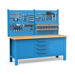 Werkbank mit 4 Schubladen, Schrank mit Tür und Fachboden, Werkzeugwand und Zubehören, 200 cm, Blau