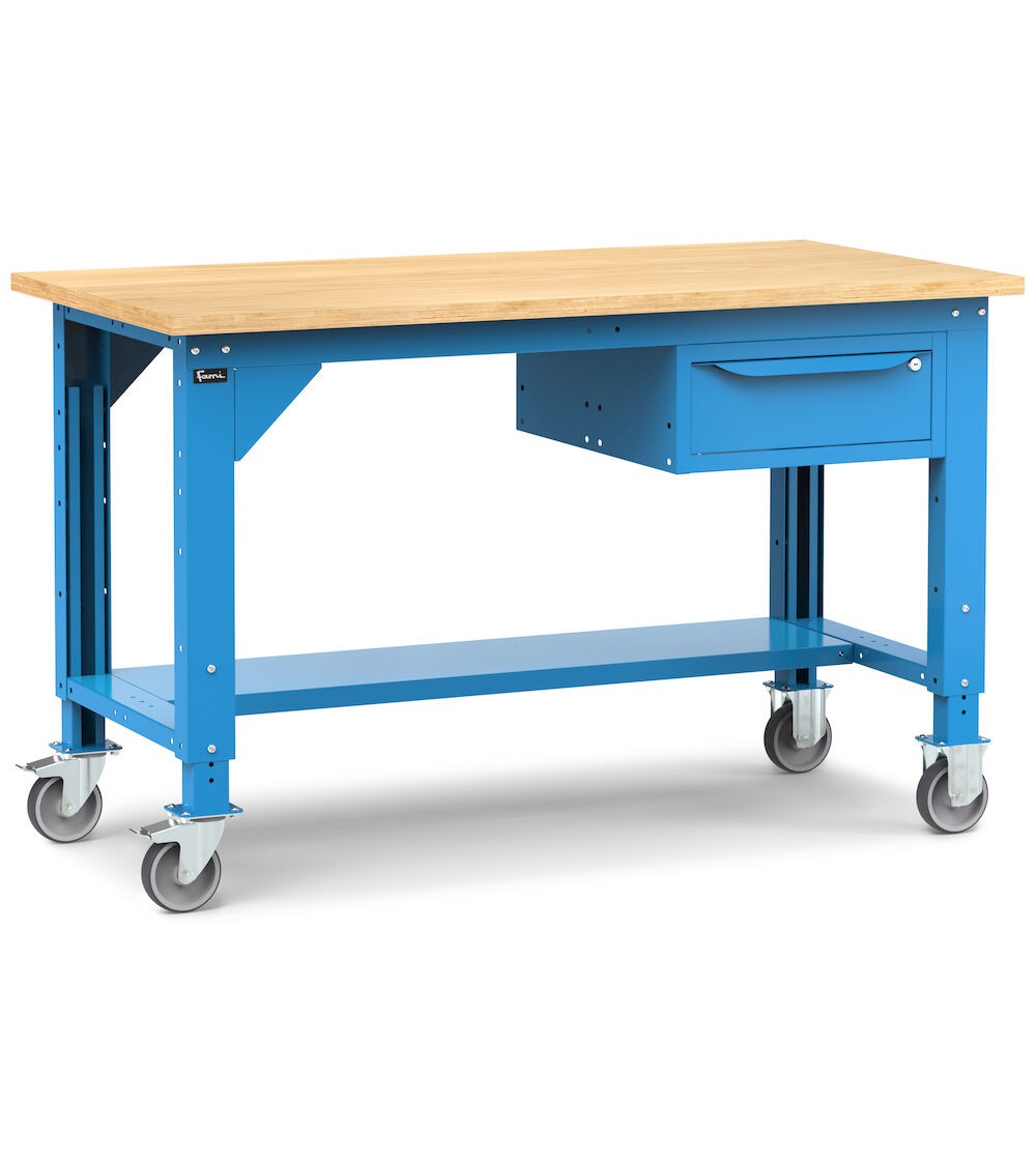 Werkbank Work mit Rollen und 1 Schublade, 150 cm, Blau