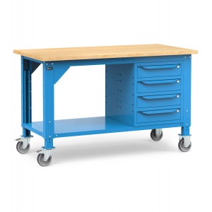 Werkbank Work mit Rollen und 4 Schubladen, 150 cm, Blau