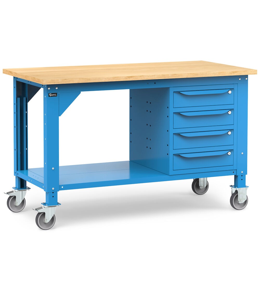 Werkbank Work mit Rollen und 4 Schubladen, 150 cm, Blau