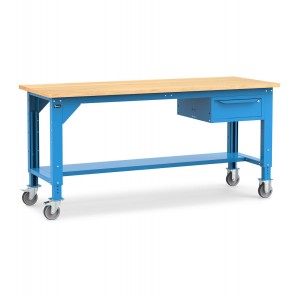 Werkbank Work mit Rollen und 1 Schublade, 200 cm, Blau