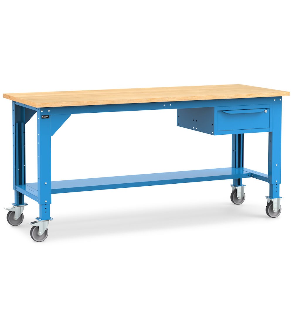 Werkbank Work mit Rollen und 1 Schublade, 200 cm, Blau