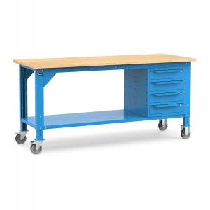 Werkbank Work mit Rollen und 4 Schubladen, 200 cm, Blau