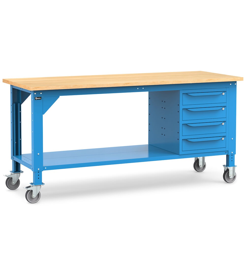 Werkbank Work mit Rollen und 4 Schubladen, 200 cm, Blau