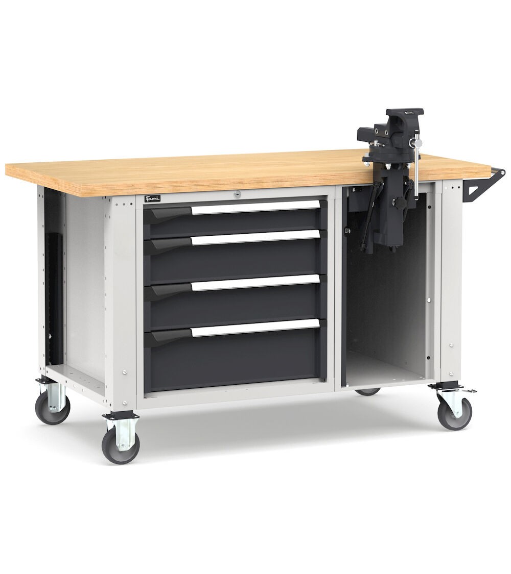 Professionelle Werkbank mit Rollen, 4 Schubladen und Schraubstock, 150 cm, Grau und Anthrazit