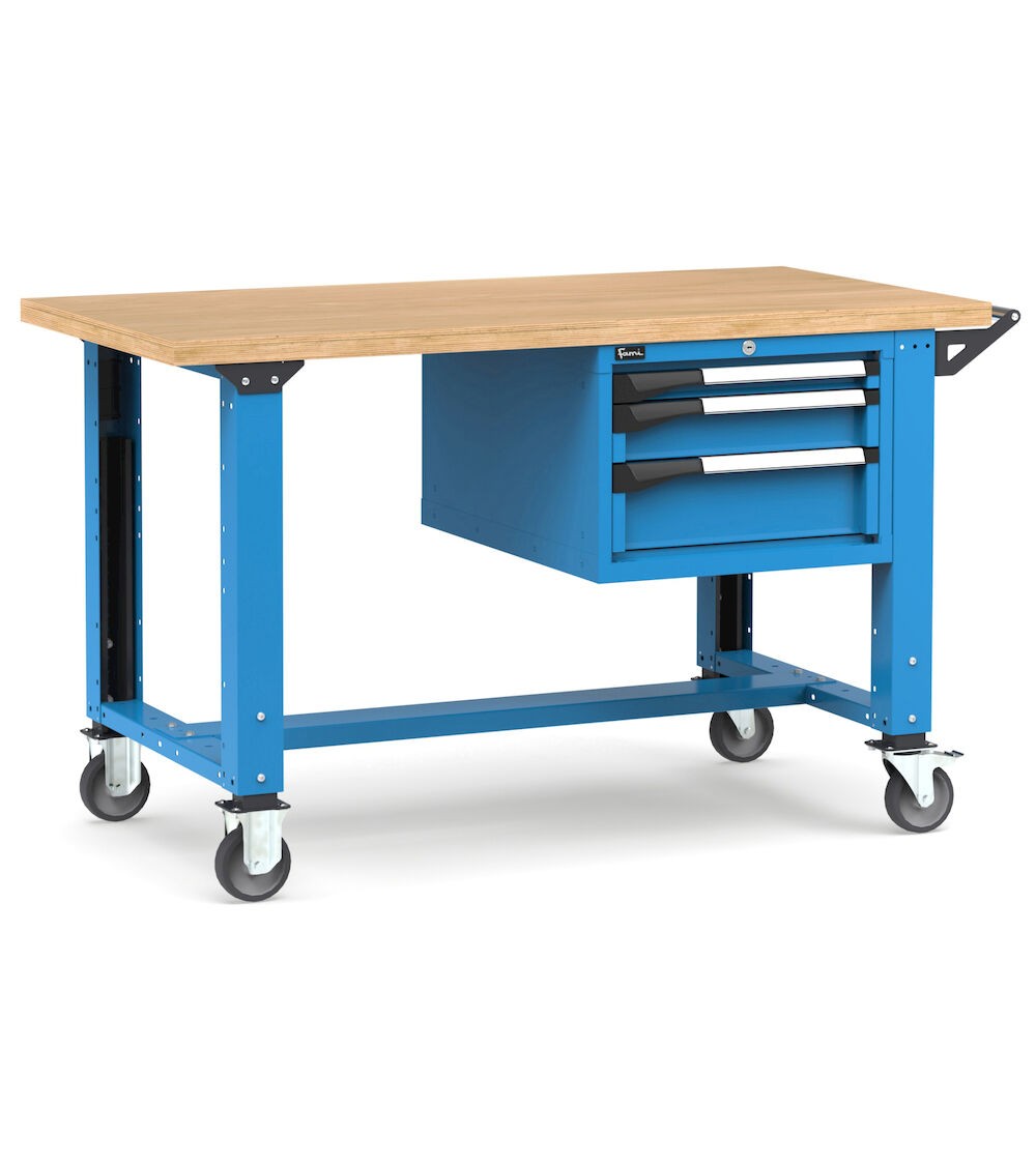 Professionelle Werkbank mit Rollen und 3 Schubladen, 150 cm, Blau und Anthrazit