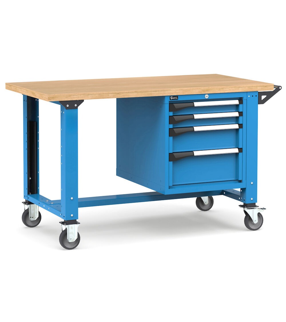 Professionelle Werkbank mit Rollen und 4 Schubladen, 150 cm, Blau und Anthrazit