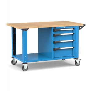 Professionelle Werkbank mit Rollen, unterem Boden, 4 Schubladen, 150 cm, Blau und Anthrazit