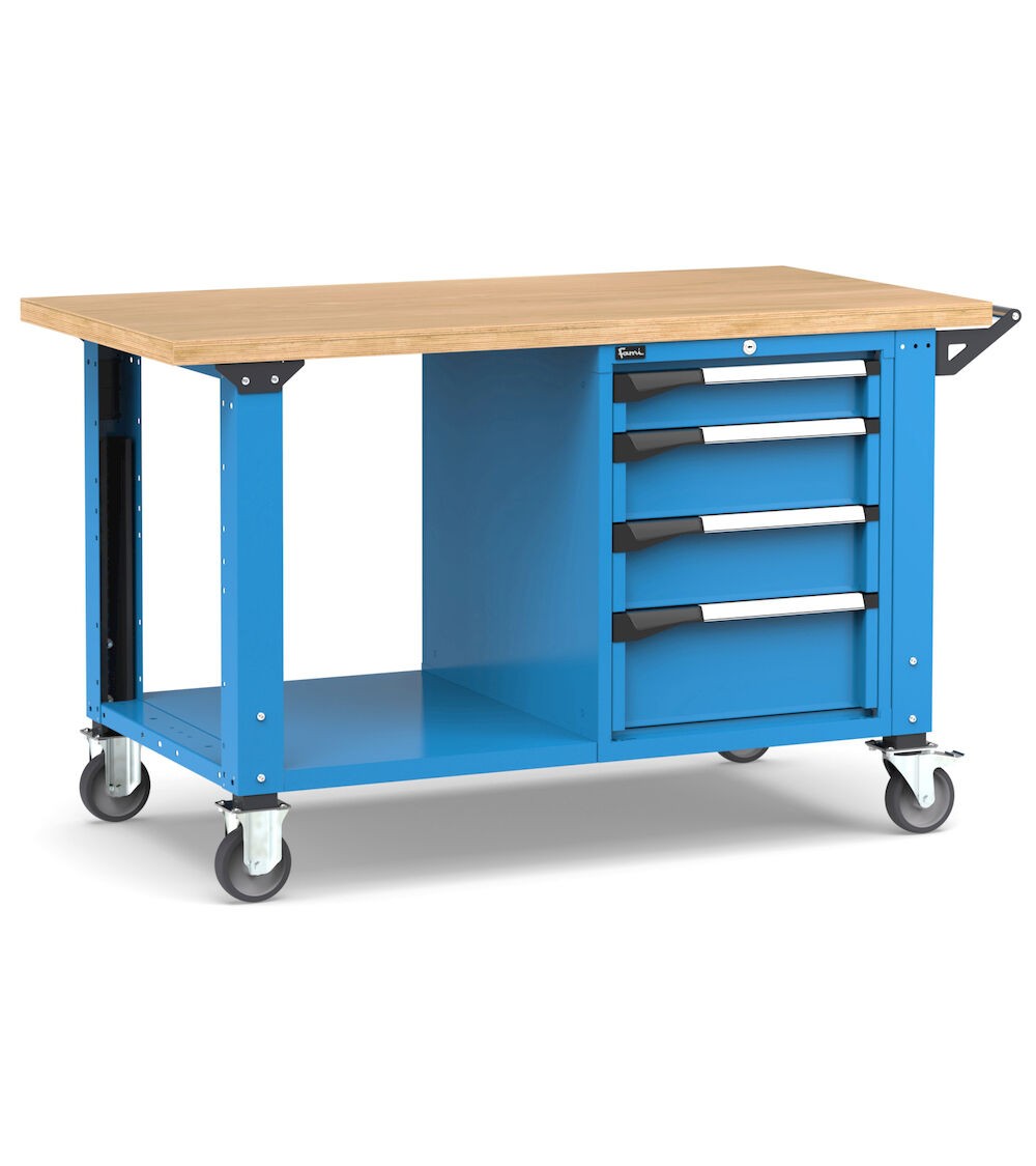 Professionelle Werkbank mit Rollen, unterem Boden, 4 Schubladen, 150 cm, Blau und Anthrazit