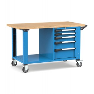 Professionelle Werkbank mit Rollen und 5 Schubladen, 150 cm, Blau und Anthrazit