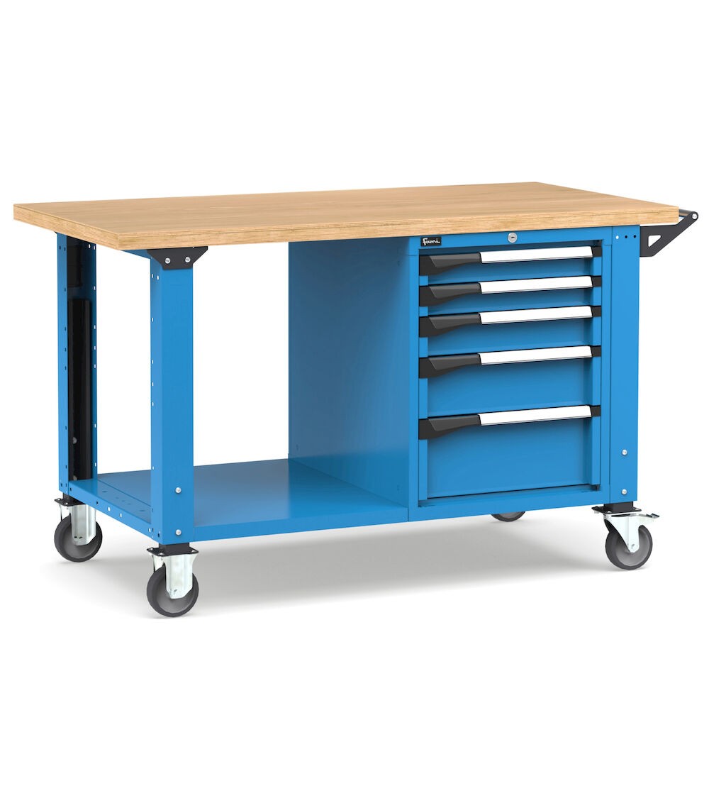 Professionelle Werkbank mit Rollen und 5 Schubladen, 150 cm, Blau und Anthrazit