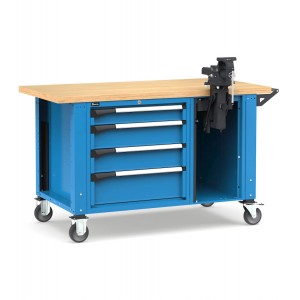 Professionelle Werkbank mit Rollen, 4 Schubladen und Schraubstock, 150 cm, Blau und Anthrazit