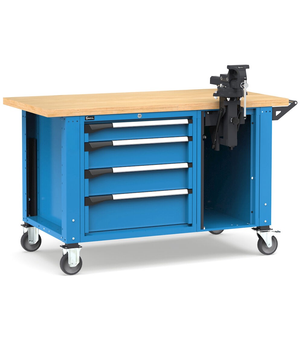 Professionelle Werkbank mit Rollen, 4 Schubladen und Schraubstock, 150 cm, Blau und Anthrazit