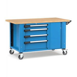 Professionelle Werkbank mit Rollen, 4 Schubladen und Schraubstock, 150 cm, Blau und Anthrazit