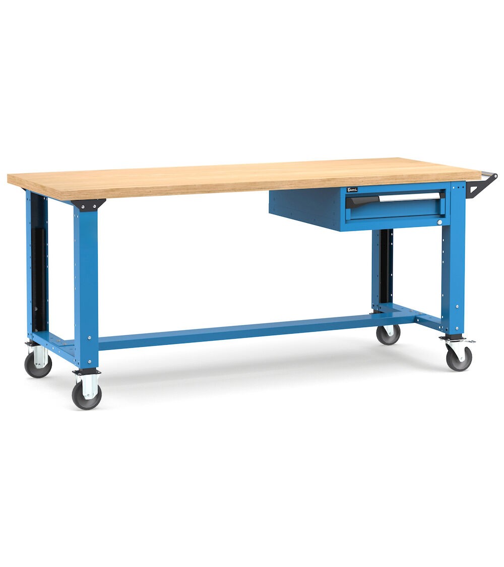 Professionelle Werkbank mit Rollen und 1 Schublade, 200 cm, Blau und Anthrazit