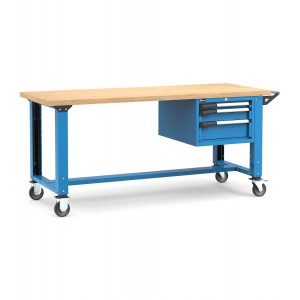 Professionelle Werkbank mit Rollen und 3 Schubladen, 200 cm, Blau und Anthrazit