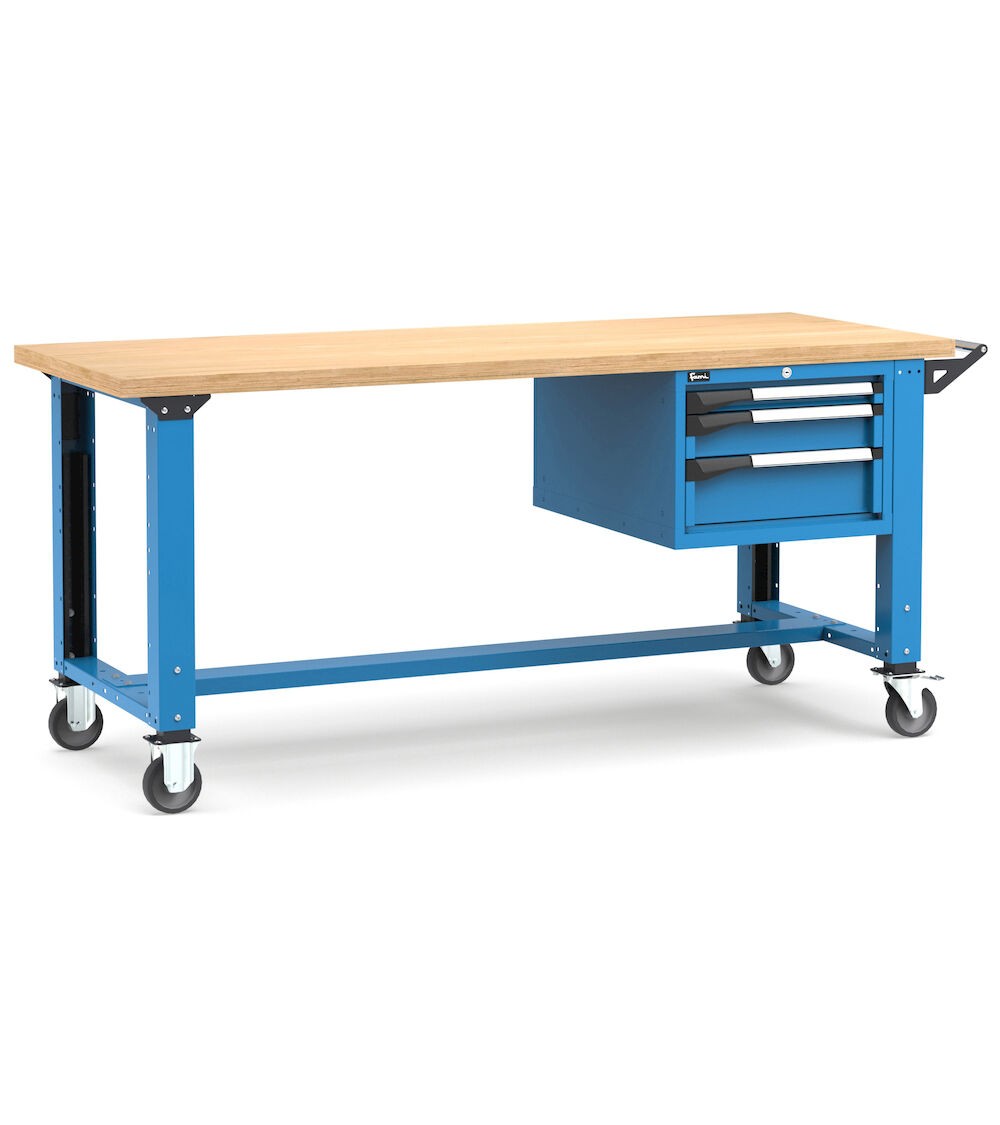 Professionelle Werkbank mit Rollen und 3 Schubladen, 200 cm, Blau und Anthrazit