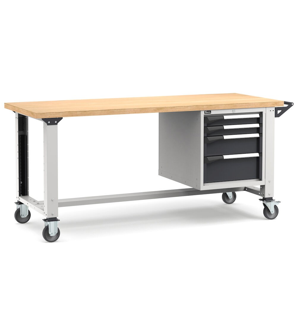 Professionelle Werkbank mit Rollen und 4 Schubladen, 200 cm, Grau und Anthrazit