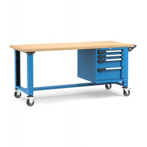 Professionelle Werkbank mit Rollen und 4 Schubladen, 200 cm, Blau und Anthrazit