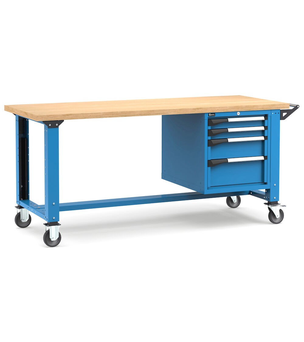 Professionelle Werkbank mit Rollen und 4 Schubladen, 200 cm, Blau und Anthrazit