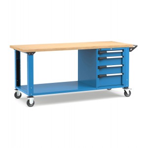 Professionelle Werkbank mit Rollen, unterem Boden, 4 Schubladen, 200 cm, Blau und Anthrazit