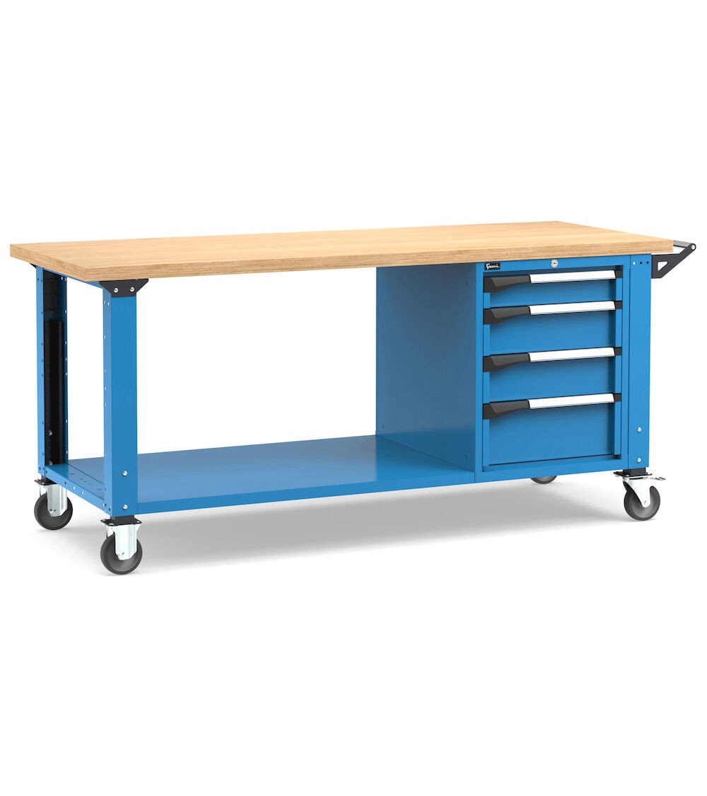 Professionelle Werkbank mit Rollen, unterem Boden, 4 Schubladen, 200 cm, Blau und Anthrazit